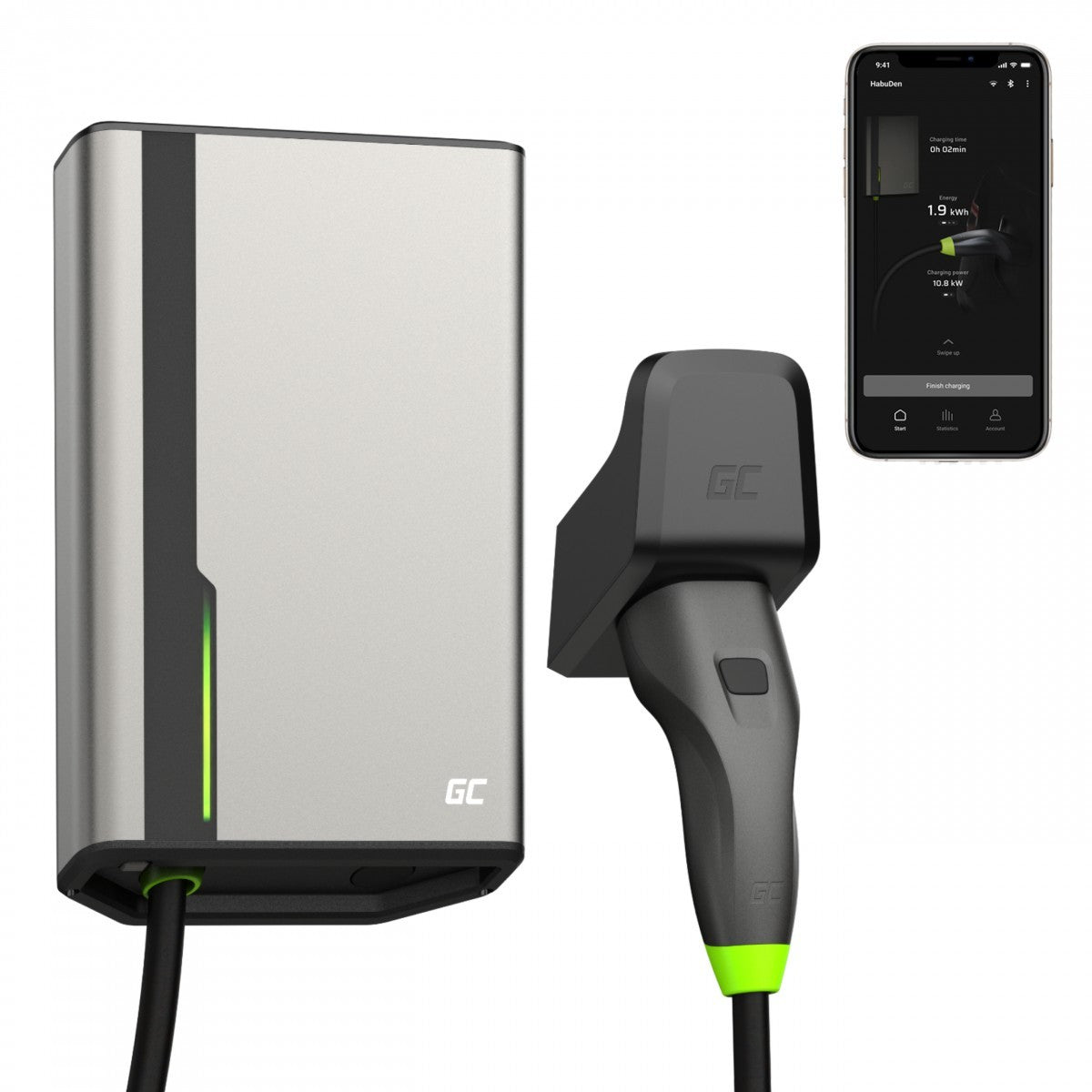Green Cell EVGC021A2275 HabuDen Wallbox 22kW 32A 7.5m Câble Type 2 Borne de recharge EV intelligente avec GC App Bluetooth WiFi
