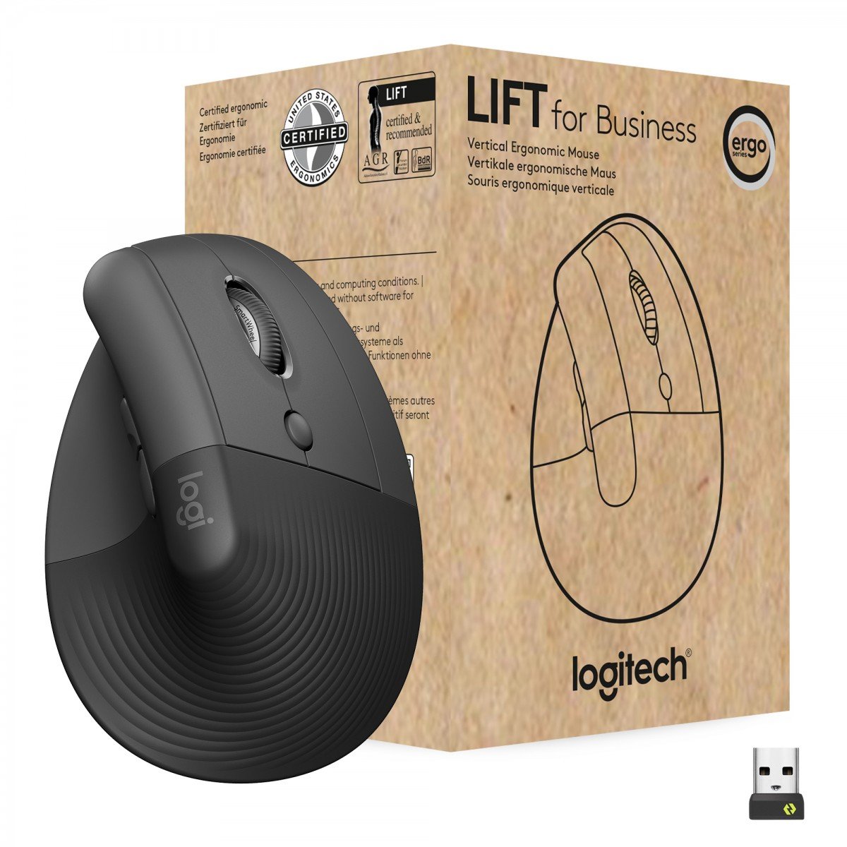 LOGITECH Lift for Business Vertical mouse ergonomic 6 buttons wireless Bluetooth 2.4 GHz Bolt USB receiver graphite