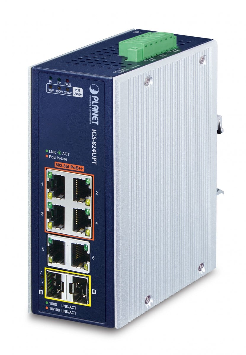PLANET IP30 Industrial 4-Port Non-géré Gigabit Ethernet (10/100/1000) Connexion Ethernet, supportant l'alimentation via ce port (PoE) Bleu, Blanc