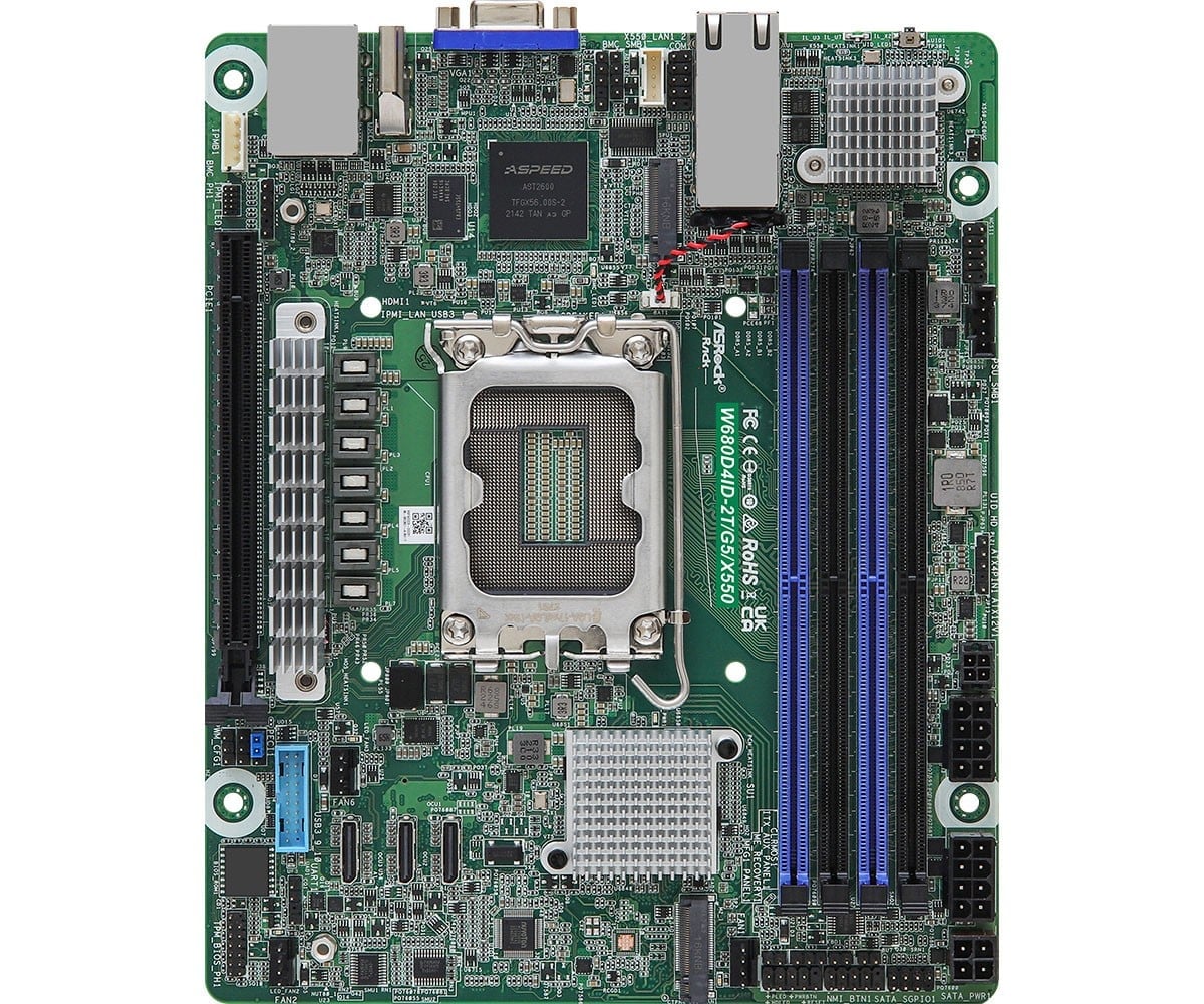 ASRock W680D4ID-2T/G5/X550, 1xSKT LGA1700, Intel Core 12/13/14 Gen., W680, 4xDIMM, SATA, 2xM.2, 2x10GbE, IPMI