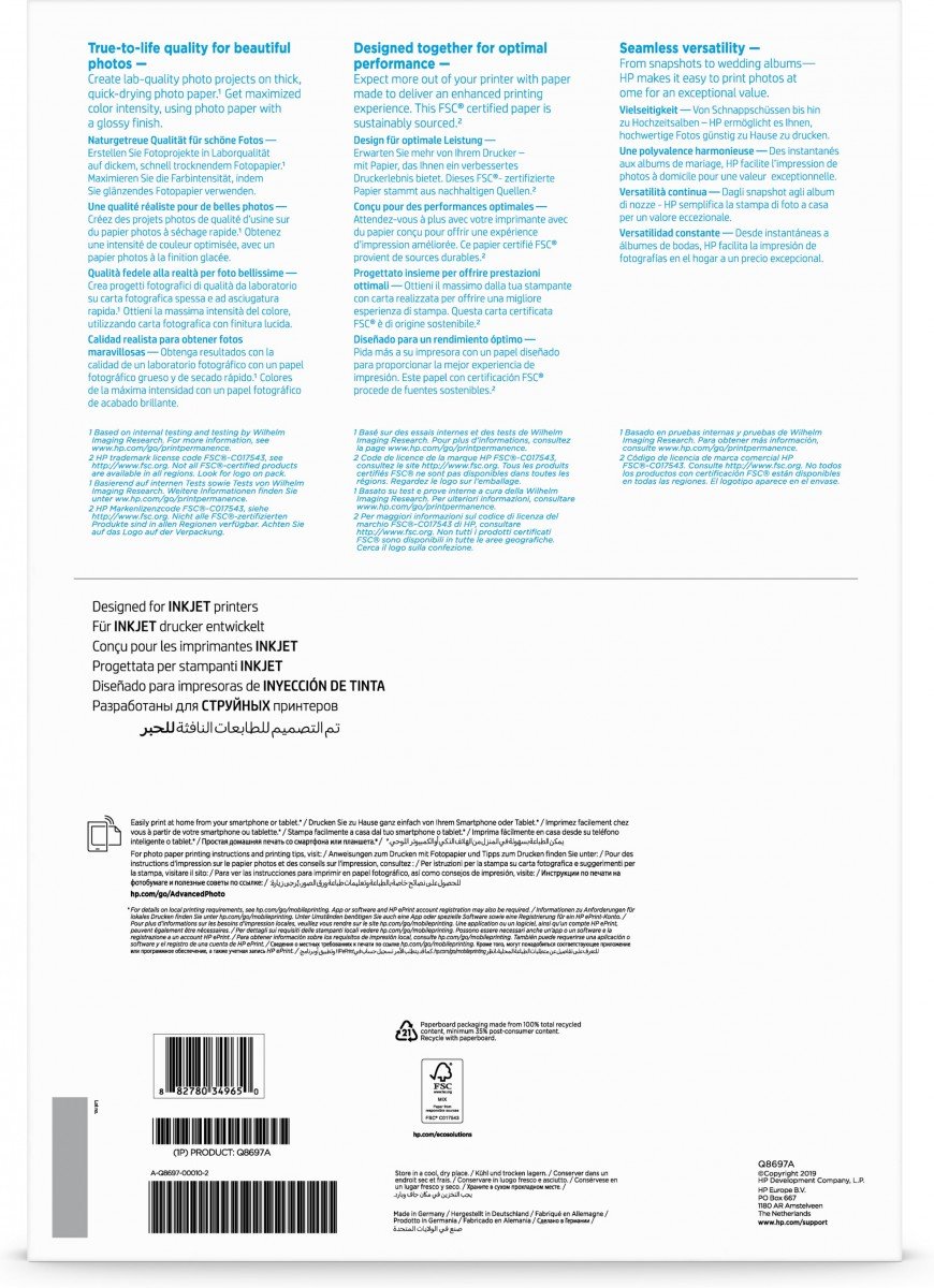 HP original Advanced glossy photo paper white Ink cartridge Q8697A 250g/m2 A3 20 sheets 1-pack