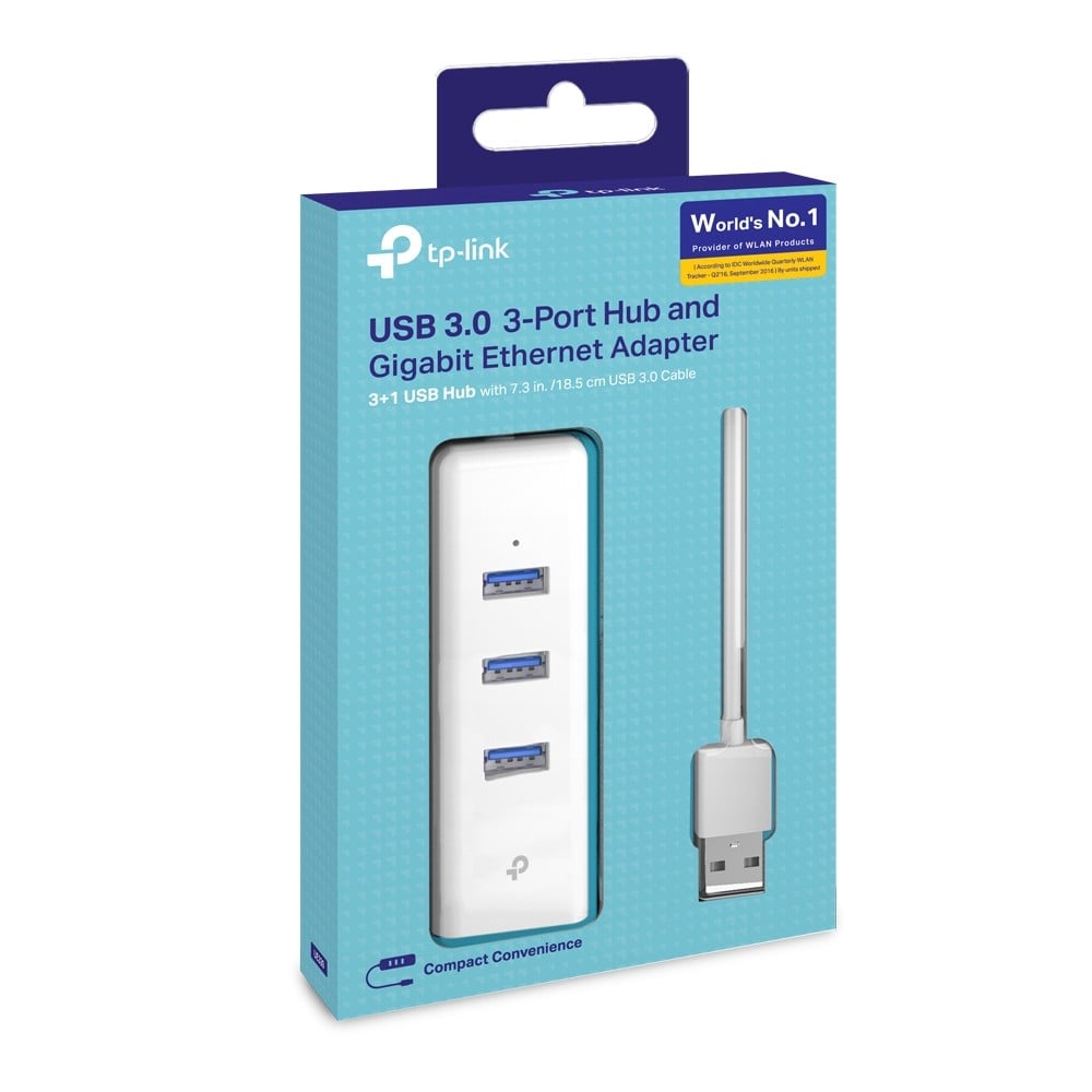 TP-LINK USB 3.0 to Gigabit Ethernet Network Adapter 3-Port USB 3.0 Hub 1 USB 3.0 connector 1 Gigabit Ethernet port 3 USB 3.0 ports