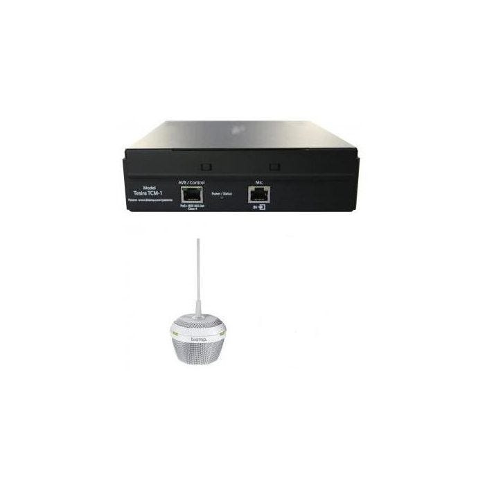 Biamp AVB ceiling microphone comprised of a pendant microphone White