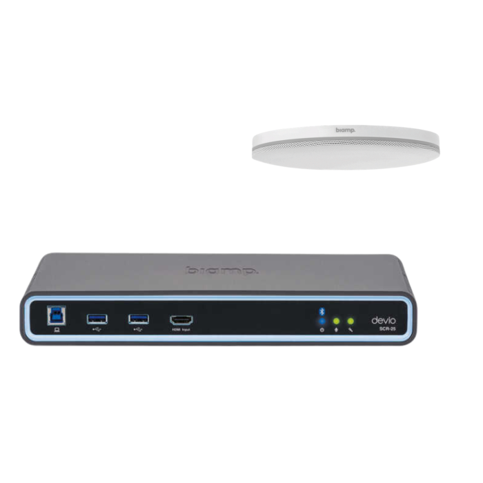 Biamp Conferencing hub and microphone; includes Devio SCR25 hub and one TCMXEX ceiling microphone White (quantity 111)