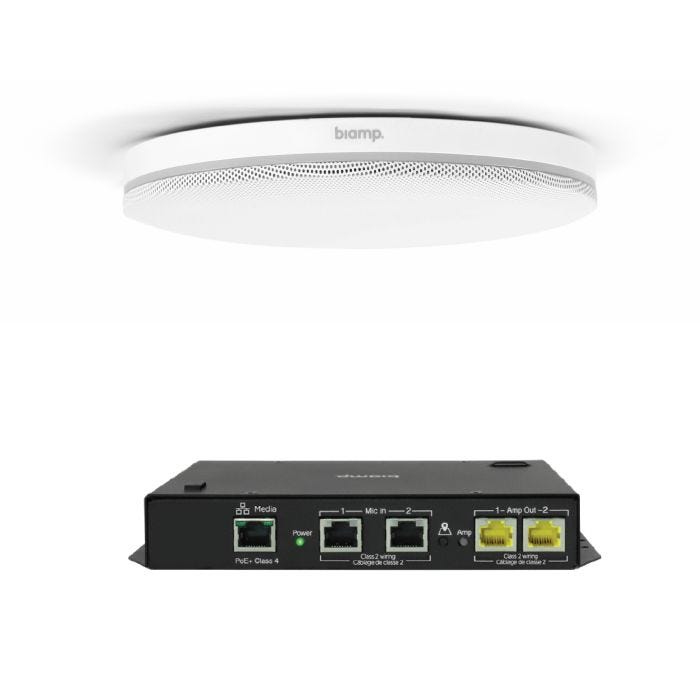 Biamp Devio UCX Beamtracking ceiling microphone two channel amplifier white surface mount