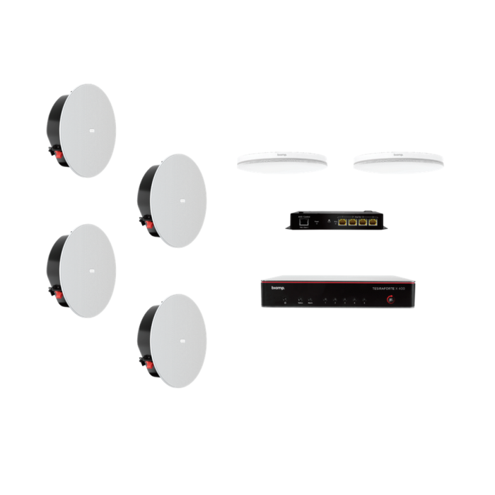 Biamp Certified meeting room bundle; includes TesiraFORT? X 400, Parl? TCM-XA White, Parl? TCM-XEX White, (4) Desono C-IC6LP-W White, BPAK, (1) Cat5e Cable Black 25' Plenum Rated, (7) Cat5e Cable Black 10' Plenum Rated