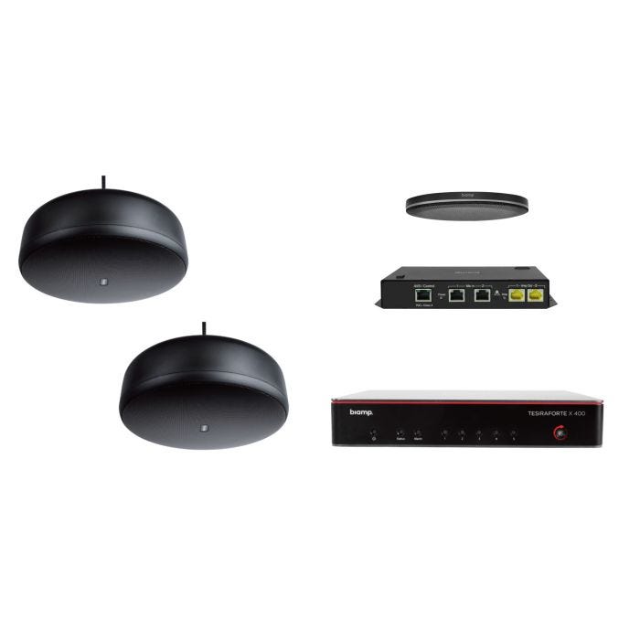 Biamp Certified meeting room bundle; includes TesiraFORTe X 400, Parle TCM-XA Black, (2) Desono P6-SM Black, (1) Cat5e Cable Black 25' Plenum Rated, (4) Cat5e Cable Black 10' Plenum Rated