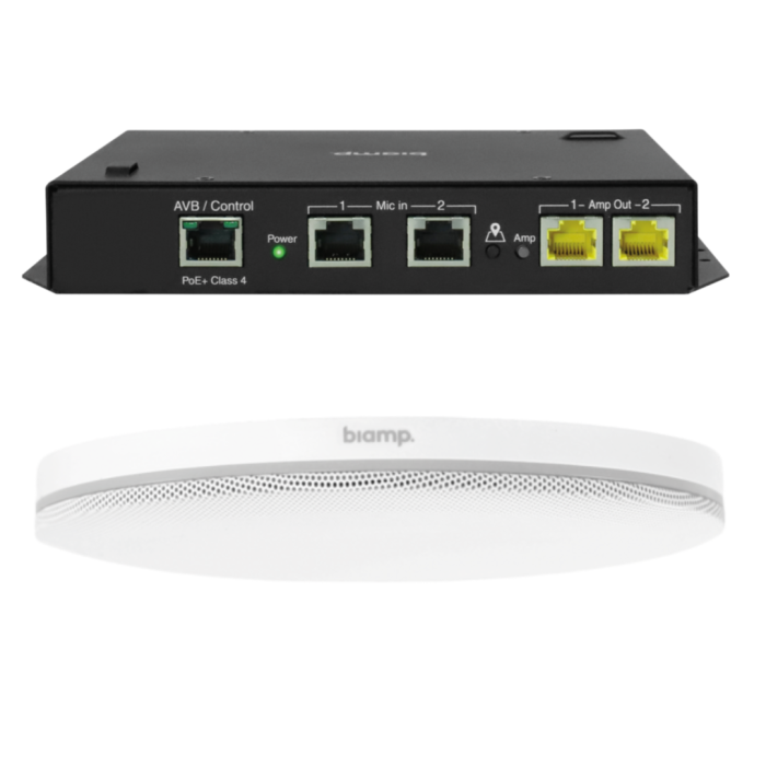 Biamp AVB lowprofile ceiling microphone and PoEand amplifier White