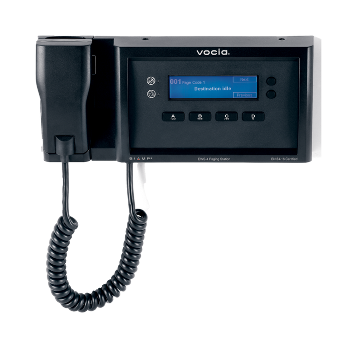 Biamp Vocia - EN54-16 certified, Emergency Wall-mounted Paging Station, 4 Buttons with hand-held microphone.