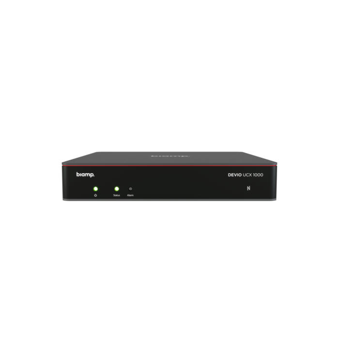 Biamp Android UC meeting room hub with USB C input and BYOM switch  supporting one display output and USB peripherals with PoE+ power for touch panel