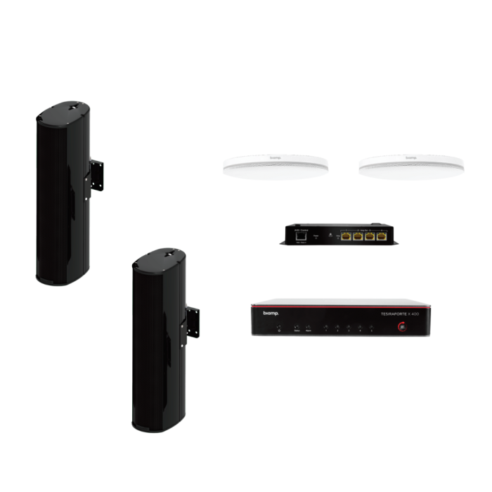 Biamp Certified meeting room bundle; includes TesiraFORT? X 400, Parl? TCM-X White, Parl? TCM-XEX White, Tesira AMP-450BP, (2) Desono ENT206B Black, (1) Cat5e Cable Black 25' Plenum Rated, (5) Cat5e Cable Black 10' Plenum Rated, (1) Cat5e Cable Black 3'
