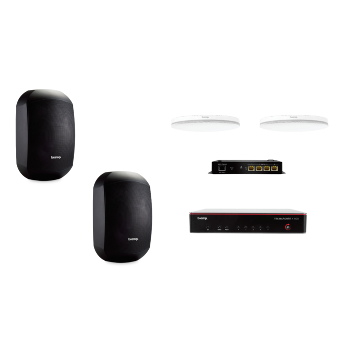 Biamp Certified meeting room bundle; includes TesiraFORT? X 400, Parl? TCM-X White, Parl? TCM-XEX White, Tesira AMP-450BP, (2) Desono MASK6C-BL Black, (1) Cat5e Cable Black 25' Plenum Rated, (5) Cat5e Cable Black 10' Plenum Rated, (1) Cat5e Cable Black 3'