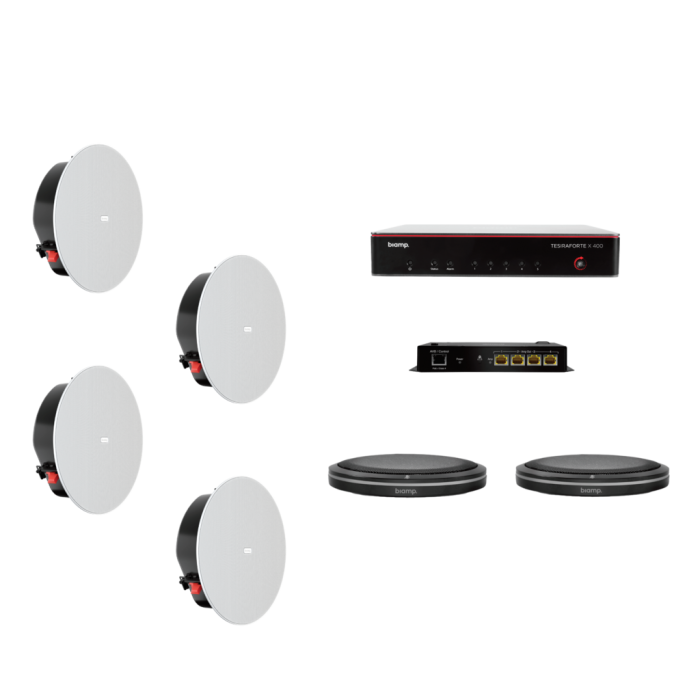 Biamp Certified meeting room bundle; includes TesiraFORT? X 400, Parl? TTM-X Black, Parl? TCM-XEX Black, Tesira AMP-450BP (includes BPAK clips), (4) Desono C-IC6LP-W White, (2) Cat5e Cable Black 25' Plenum Rated, (5) Cat5e Cable Black 10' Plenum Rated