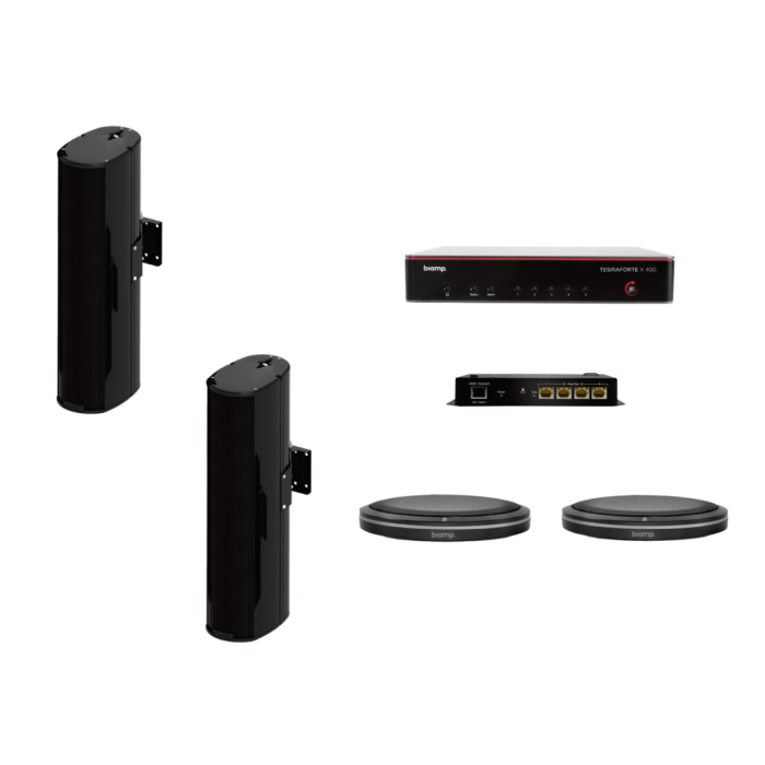 Biamp Certified meeting room bundle; includes TesiraFORT? X 400, Parl? TTM-X Black, Parl? TTM-XEX Black, Tesira AMP-450BP, (2) Desono ENT206B Black, (1) Cat5e Cable Black 25' Plenum Rated, (3) Cat5e Cable Black 10' Plenum Rated, (1) Cat5e Cable Black 3'