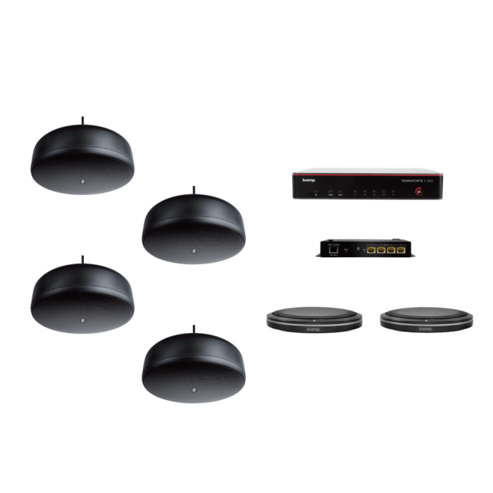 Biamp Certified meeting room bundle; includes TesiraFORT? X 400, Parl? TTM-X Black, Parl? TTM-XEX Black, Tesira AMP-450BP, (4) Desono P6-SM Black, (2) Cat5e Cable Black 25' Plenum Rated, (5) Cat5e Cable Black 10' Plenum Rated