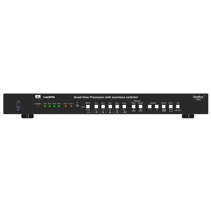Geobox S902, Quad View processor with 4 HDMI2.0 inputand two HDMI2.0 outputs, 4x2 matrix switch,multiple image layers