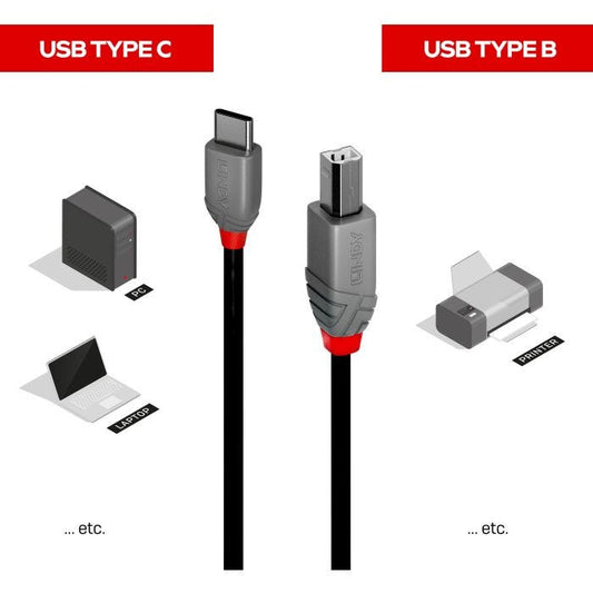 Lindy - Câble USB 2.0 Type C vers B, Anthra Line, 2m