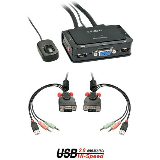 Lindy - Switch KVM 2 Ports VGA, USB 2.0 & Audio, Câbles Intégrés