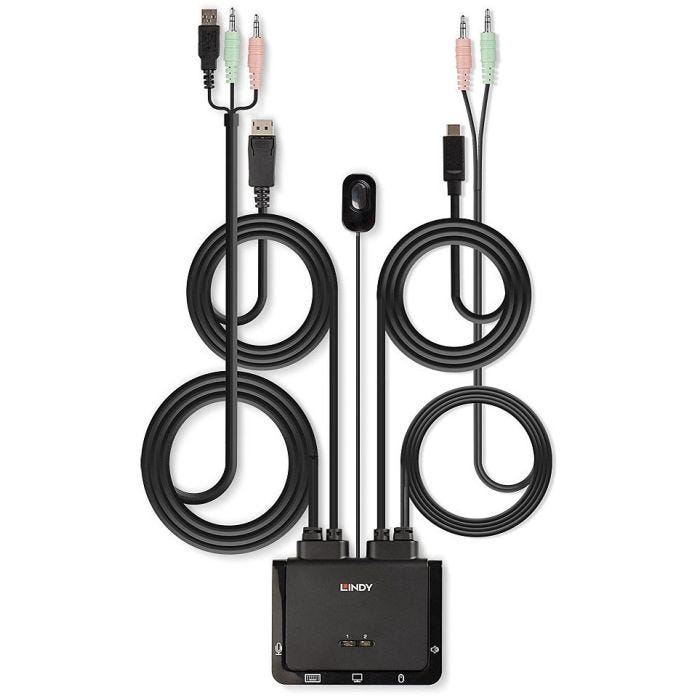 Lindy - Switch KVM 2 Ports DisplayPort 1.2, USB Type C, USB 2.0 & Audio avec Câbles
