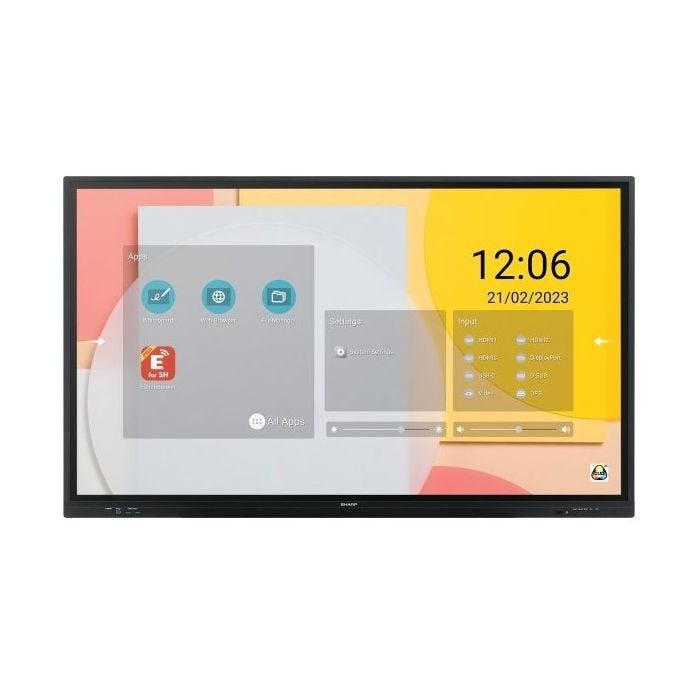 Écran interactif Sharp 75" de la série LC, UHD, 450 cd/m2, résistant 16/7, infrarouge, 20 points tactiles, emplacement OPS, processeur Android SoC, USB-C, sorti