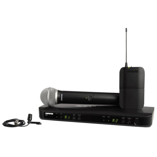 Shure BLX1288E / CVL-H8E Système comprenant 1 récepteur double BLX88, 1 émetteur BLX1 avec micro cravate CVL, 1 émetteur à main BLX2 / PG58 (518-542 MHz)