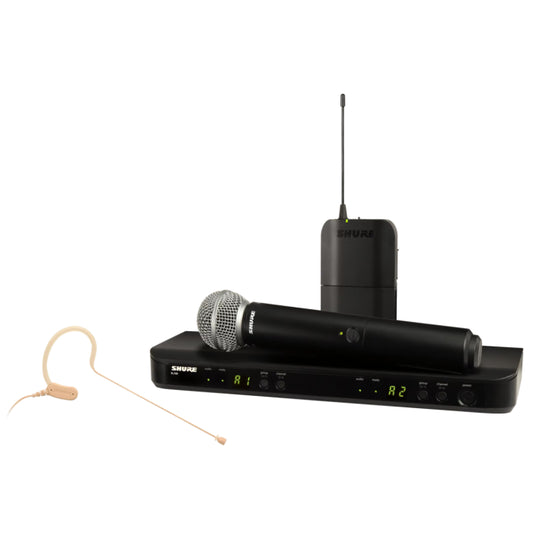 Shure BLX1288E/MX53-K3E Système comprenant 1 récepteur double BLX88, 1 émetteur BLX1 avec micro tour d'oreille MX153, 1 émetteur à main BLX2/SM58 (606-630 MHz)