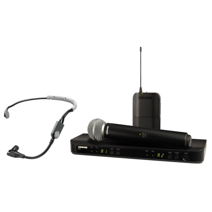 Shure BLX1288E / SM35-H8E Système comprenant 1 récepteur double BLX88, 1 émetteur BLX1 avec micro serre-tête SM35, 1 émetteur à main BLX2 / SM58 (518-542 MHz)