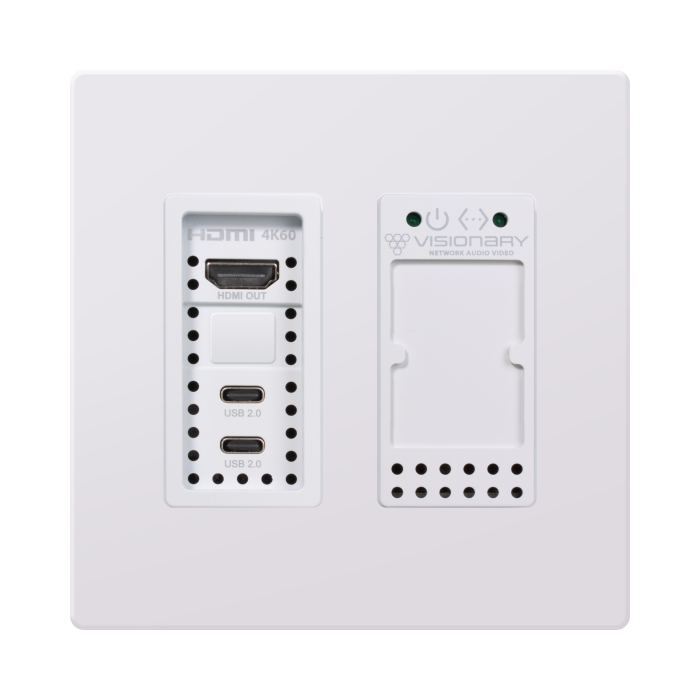 Visionary A/V Decoder (Wall Plate), 4K60 4:4:4 UHD over IP cinema quality ultra-low latency visually lossless switch matrix routable, with built-in video wall functionality; POE; AES67/Dante