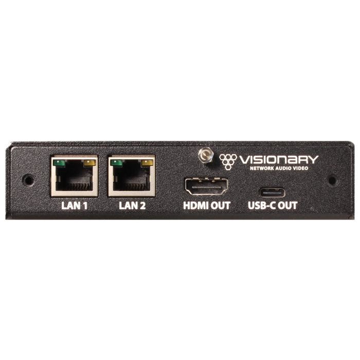 Visionary A/V Decoder, 4K60 4:4:4 UHD over IP cinema quality ultra-low latency visually lossless switch matrix routable, with built-in video wall functionality; Expansion Ethernet Port; POE+; Single Port AES67/Dante