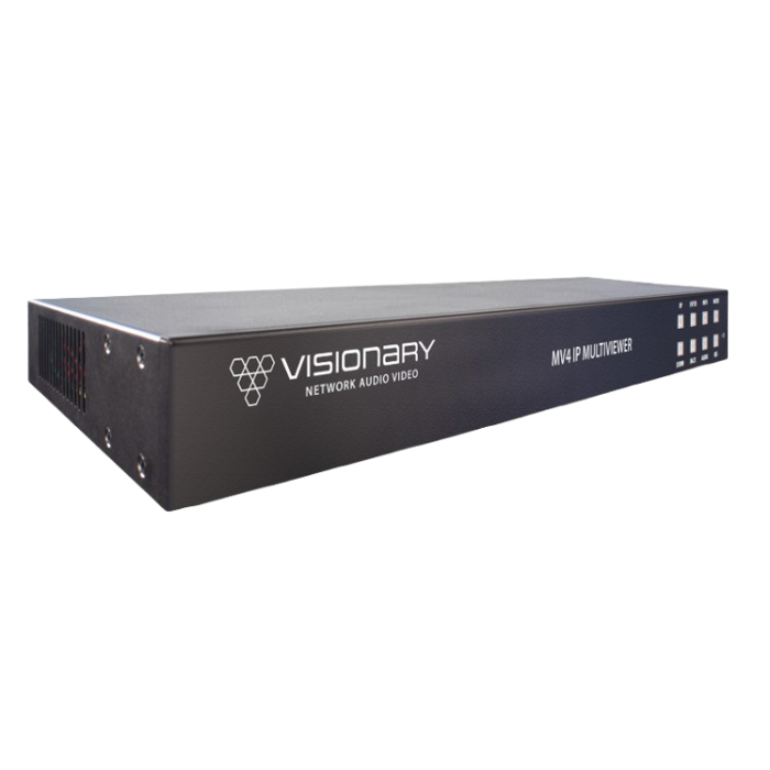 Visionary A/V Multiviewer, 4K UHD over IP cinema quality ultra-low latency visually lossless switch matrix routable, 4 Decoders in, 1 Encoder and 1 HDMI out, High Performance Scaling and Windowing Engine.