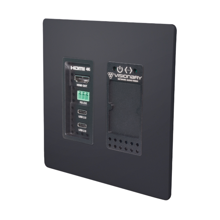 Visionary A/V Decoder (Wall Plate), 4K60 4:4:4 UHD over IP cinema quality ultra-low latency visually lossless switch matrix routable, with built-in video wall functionality; POE; AES67/Dante