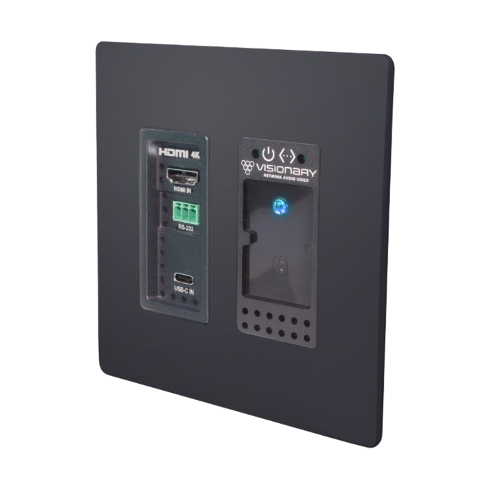 Visionary A/V Encoder (Wall Plate), 4K60 4:4:4 UHD over IP cinema quality ultra-low latency visually lossless switch matrix routable, with built-in video wall functionality; POE; AES67/Dante, HDMI & USB-C with Bluetooth Audio