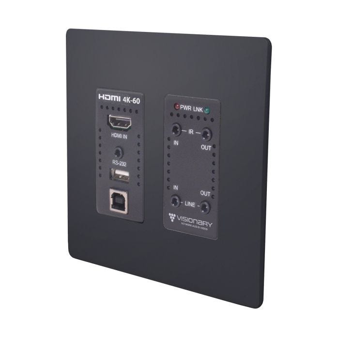 Visionary A/V Encoder (Wall Plate), 4K60 4:4:4 UHD over IP cinema quality ultra-low latency visually lossless switch matrix routable, with built-in video wall functionality; POE; Upgradeable to AES67/Dante